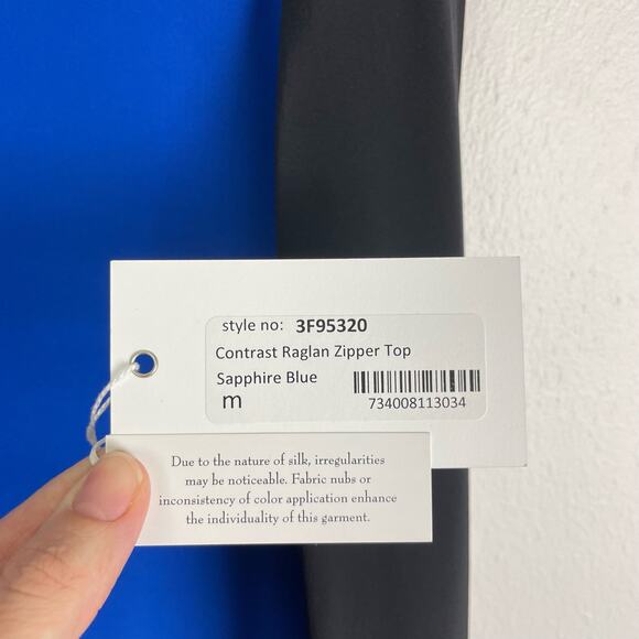 Fifteen Twenty | NWT Blue Black Colorblock Zipper Long Sleeve Flowy Silk Blouse - Picture 7 of 10